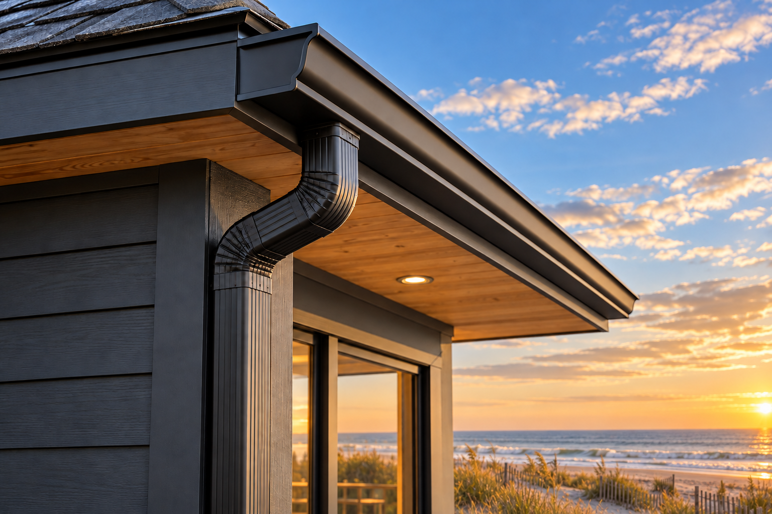 Black K-style gutter with one matching rectangular downspout