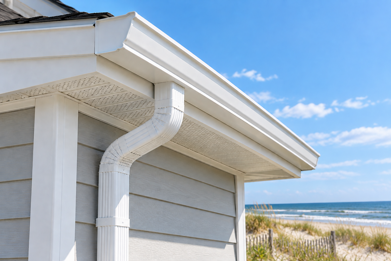 White K-style gutter with one matching rectangular downspout